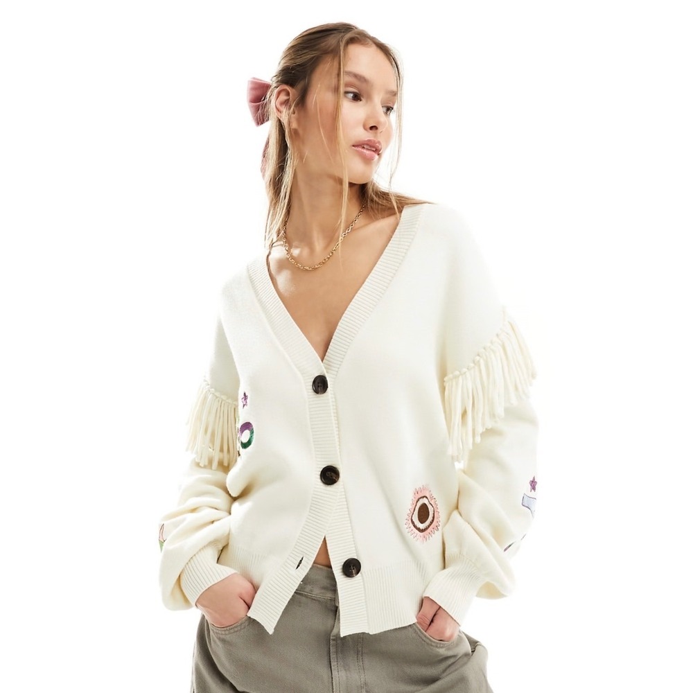 Never Fully Dressed Embroidered Fringe Sleeve Cardigan Womens M Cream Excellent